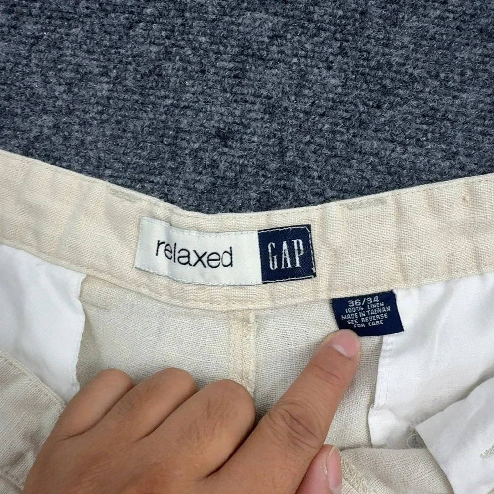 Vintage Gap Pants Mens 36/34 Cream Linen Pleated Relaxed Trousers Casual Style